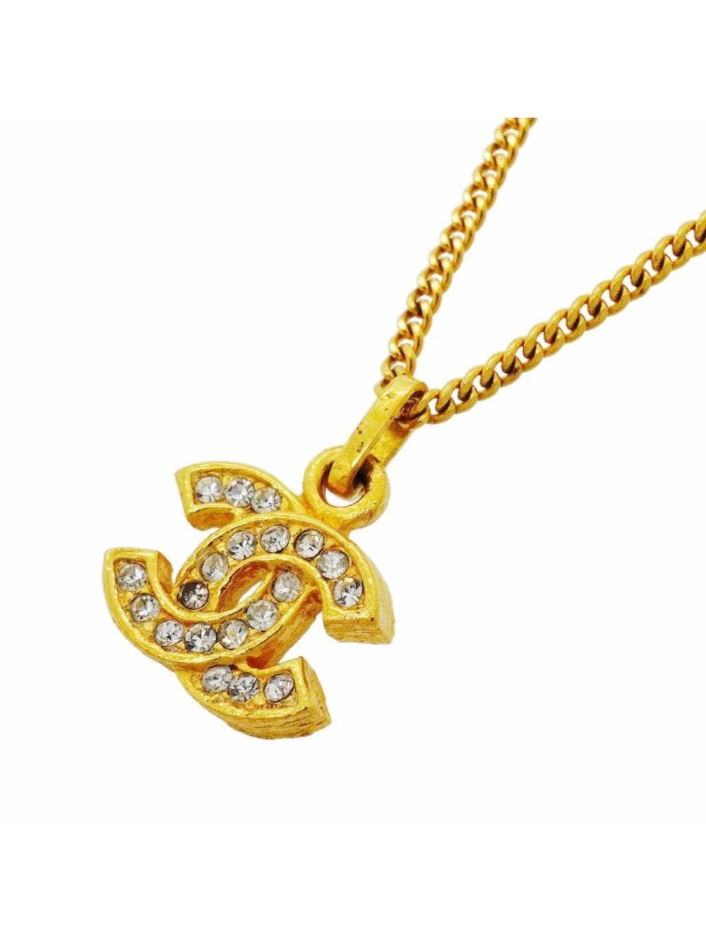 Chanel Necklace Vintage CC Logo Gold Plated Rhinestone